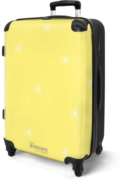 NoBoringSuitcases.com® - Koffer groot - Rolkoffer lichtgewicht - Geel met witte bloemetjes - Reiskoffer met 4 wielen - Valies grote trolley XL op wieltjes - Harde reistrolley met TSA slot - 20 kg bagage - Reizen