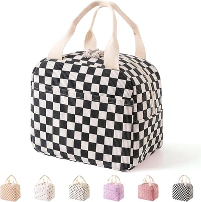 VHV Geïsoleerde Lunchtas Dames - Koeltas Lunchbag met Handvat - Zwart-Wit Geruit - Voor Werk, School en Onderweg
