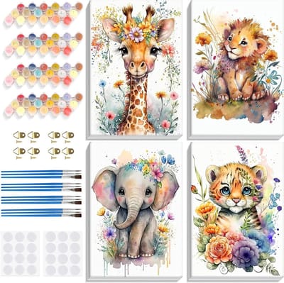 4 Delen Schilderen op Nummer voor Volwassenen: Leeuw, Tijger, Olifant en Giraffe Schilderkit met Lijst en Acrylverf voor Creatieve Vrijetijdsbesteding
