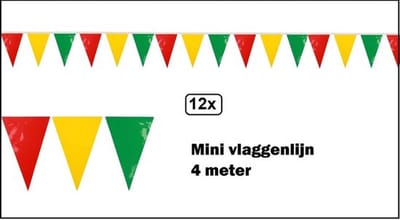 12x PVC mini vlaggenlijn rood/geel/groen 4 meter BRANDVEILIG - Carnaval thema feest festival party fun