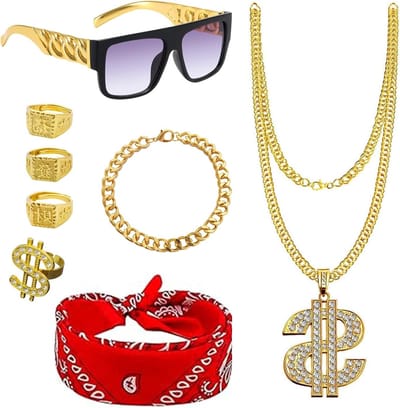 Hip Hop Kostuum Accessoires Set van 8, Retro 80s 90s Rapper Outfit met Dollarbril en Kleding voor Cosplay, Carnaval en Themafeesten voor Mannen en Vrouwen