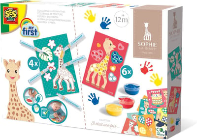SES Creative - Sophie la Girafe - 2-in-1 - Kleuren en verven - 3 kleuren vingerverf - 5 babymarker stiften - met 10 knutselkaarten - makkelijk uitwasbaar