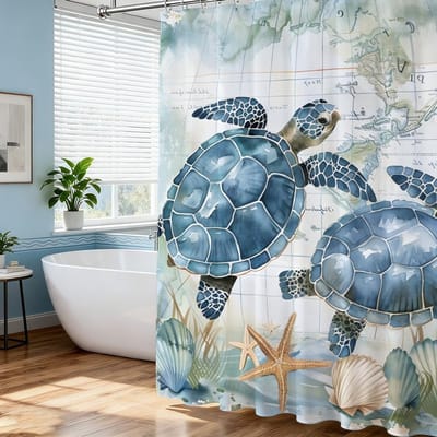 Zeeschildpadden en zeesterren douchegordijn set met haken, waterdicht en schimmelbestendig, 183 x 183 cm voor badkamer en hotel