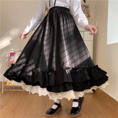 Witte Feeënrok Kant Ruffle Strik Decoratie Lolita Dames Lange Rok Zoete Mooie Preppy Stijl Vintage Europese Stijl Lente en Zomer L gray