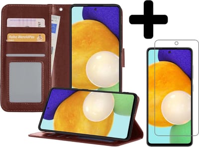 Hoesje - Met Screenprotector - Geschikt voor Samsung Galaxy A52 5G - Luxe Pasjeshouder - Bookcase Portemonee - Flip Case - Kunstleer Book Case - Flipcase - Book Cover - Walletcase - Portemonneehoes - Telefoonhoesjes - Bruin