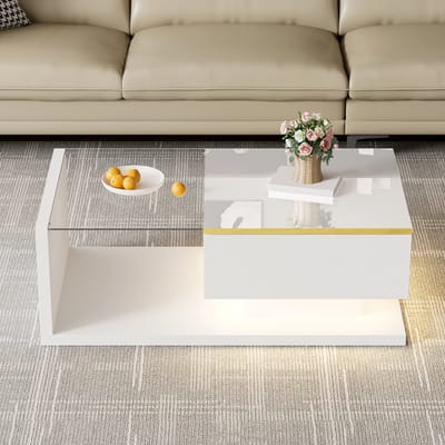 DESMIU Salontafel – Hoogglans Wit Met Glas En Ledverlichting – Voor Woonkamer En Ontspanning – Spaanplaat En Glas – 90x50x32,5 Cm