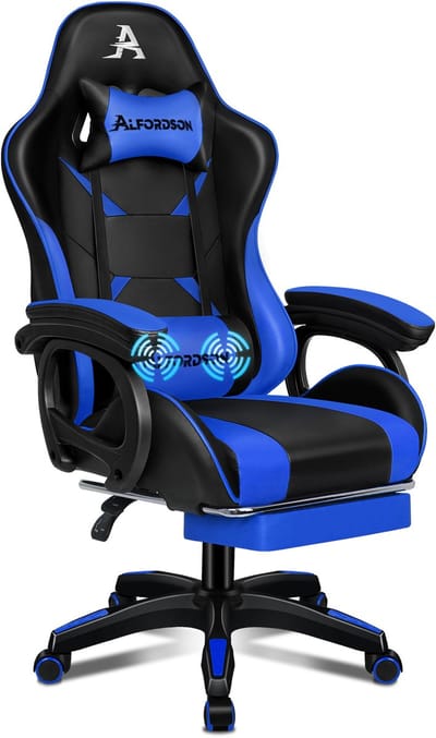 ALFORDSON - Gaming stoel met massage lendenkussen - X-Large - 5 massage modi - USB aansluiting - Uitschuifbare voetensteun - Verstelbare rugleuning 90°-150° - Ergonomisch