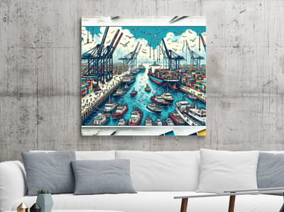 Modern haven schilderij | Hedendaags maritiem meesterwerk: een moderne haven van kunst | Kunst - 60x60 centimeter op Canvas | Foto op Canvas