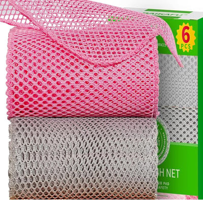 SnelShoppen - Pack van 6 microvezel netten voor afwassen, grote sterke keuken doeken, duurzaam en praktisch, RVS, siliconen, glas, kristal (roze/grijs