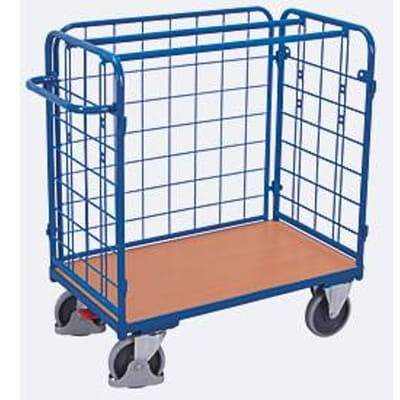 Driewandwagen, staal/MDF-plaat, afwerking gentiaanblauw/beuken, L 1200 x B 800 mm, max. belasting 925 mm, inhaakbare zijwand, EasySTOP, tot 500 kg