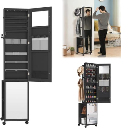 Spiegel sieradenkast - Kaptafel meubel - Sieraden organiseren - Met LED verlichting - 36x40x170 cm - Zwart