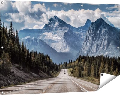 Gards Tuinposter Weg voor de Grote Berg in het Bos - 120x80 cm - Tuindoek - Tuindecoratie - Wanddecoratie buiten - Tuinschilderij