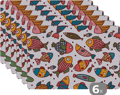 Placemat - Placemats kunststof - Patroon - Zee - Vis - Zeedieren - 45x30 cm - 6 stuks - Hittebestendig - Anti-Slip - Onderlegger - Afneembaar