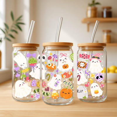 Creasowl® Halloween Trick or Treat Glazen Beker 500 ml met Deksel & Glazen Rietje – Halloween Drinkbeker – Iced Coffee Cup – Smoothie & Thee Glas – Schattig Cadeau voor Spooky Season & Feestdagen
