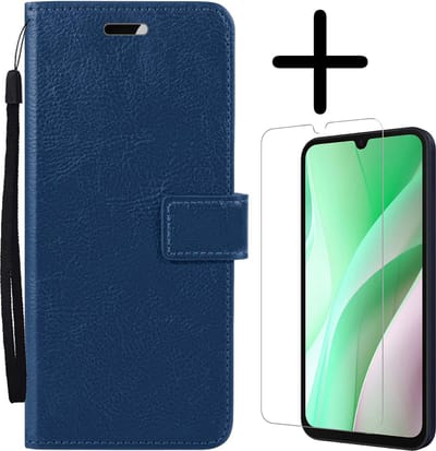 Hoesje Met Screenprotector - Geschikt voor Samsung Galaxy A15 - Luxe Pasjeshouder - Bookcase Portemonee - Flip Case - Kunstleer Book Case - Flipcase - Book Cover - Walletcase - Portemonneehoes - Donkerblauw