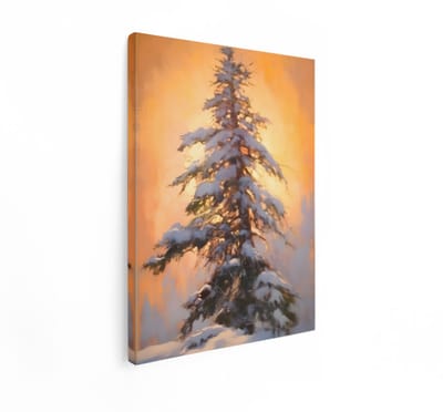 Artaza Canvas Schilderij Besneeuwde Spar - 60x80 cm - Wanddecoratie Natuur - Muurdecoratie Boom - Decoratie Goud - Winters Bos