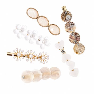 Witte haarspeldjes dames set met bloemen, schelp look en imitatie parels – haar accessoires dames – haar clips met hartjes en marmer look details – 6 stuks