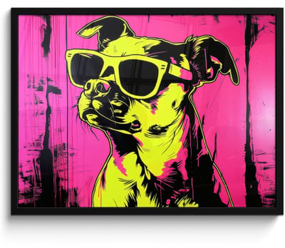 Poster in lijst - Fotolijst 70x50 cm - Posters - Hond - Zonnebril - Roze - Art - Posterlijst zwart - Decoratie - Wanddecoratie woonkamer - Muurdecoratie slaapkamer