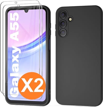 Hoesje geschikt voor Samsung Galaxy A55 siliconen hoesje Zwart zacht TPU backcover - Met gehard glas screenprotector - 2 stuks