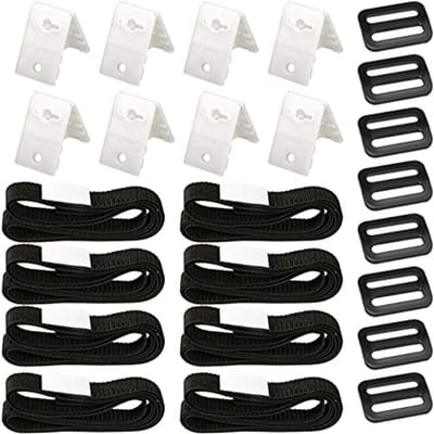 Set met oprolmechanisme voor zwembadafdekkingen, inclusief ingebouwde banden en clips, geschikt voor oprolmechanismen met solar afdekkingen. De set bevat 8 zelfklevende nylon banden, 8 touwplaten en 8 gespen voor gebruik met inline zwembaden.
