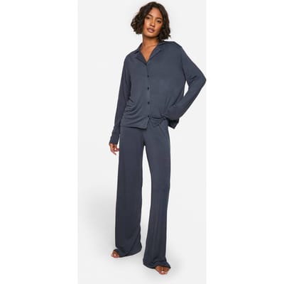 boohoo Dames Tall Long Sleeve Shirt & Trousers Pyjama Set | Marineblauw | Maat: 40