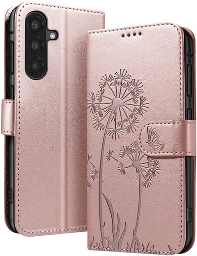 Zanae, Portemonneehoesje Geschikt voor Samsung Galaxy A56 / A36 Premium Design Bloemen Vlinder, Champagneroze