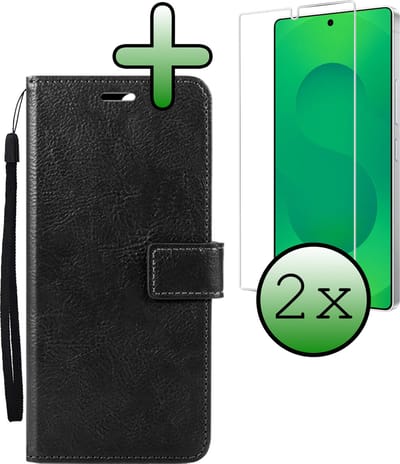 Hoesje Met 2x Screenprotector - Geschikt voor Samsung Galaxy S25 Ultra - Luxe Pasjeshouder - Bookcase Portemonee - Flip Case - Kunstleer Book Case - Flipcase Hoes - Book Cover - Walletcase - Portemonneehoes - Zwart