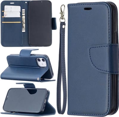 MobyDefend Hoesje - Geschikt voor Apple iPhone 12 Mini - Wallet Book Case Met Koord - Blauw