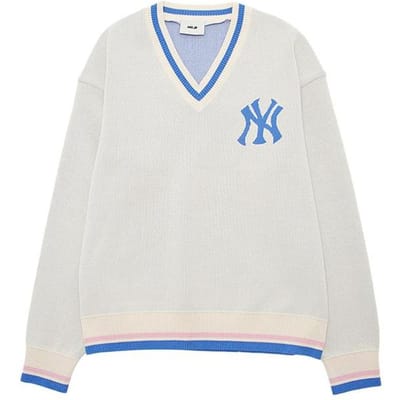 MLB SS24 New York Yankees V-hals Logo Rug Lettermerk Gebreide trui Unisex trui Lichtcrème 3AKPV0141-50CRD M white