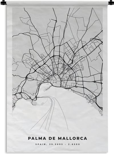 Wandkleed - Wanddoek - Mallorca - Stadskaart - Zwart Wit - Plattegrond - Kaart - 120x180 cm - Wandtapijt
