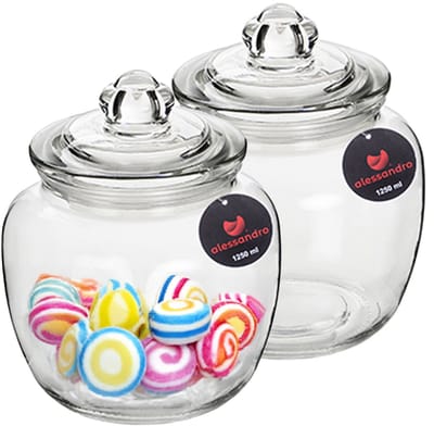 Alessandro Snoeppot/voorraadpot - 2x - met deksel - luchtdicht - glas - 1250 ml - D14 x H18 cm