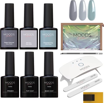 Moods Gellac BIAB Starter Pakket – Grey Nude - Builder in a Bottle – BIAB Nagellak – Inclusief UV/LED Lamp, Bokkepoot, Nagelvijl, Primer, Base en Top Coat
