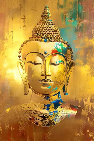 John Joseb Art (Canvas) 60x40 | Buddha in goud, kunst, abstract geschilderde stijl, woonkamer slaapkamer | religie, boeddha, boeddhisme, rood, blauw, geel, groen, bruin, modern | Foto-Schilderij print (wanddecoratie)