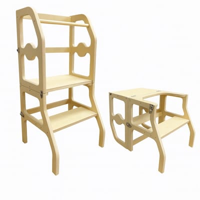 Houten Montesorri Leertoren - Keukenhulp voor Peuters - Learning Tower - Opvouwbaar tot Stoel en Tafel - Inklapbaar - Hout