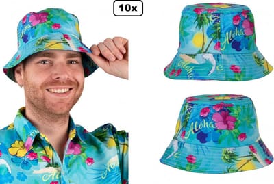 10x Vissers hoedje Hawaiiprint blauw - Hawai tropical festival thema feest zomer beach fun