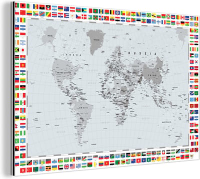Aluminium schilderij 180x120 cm - Wanddecoratie metaal - Wereldkaart - Vlag - Zwart - Wit - Metalen muurdecoratie woonkamer - Decoratie industrieel - Foto op dibond - Industriële accessoires slaapkamer