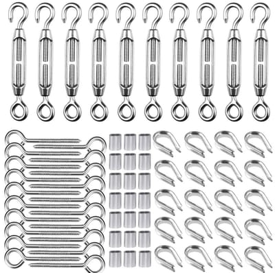 Turnbuckle Wire Tensioner Kit voor Tuin en Kabelbeugels, RVS Spanner en M5 Haak, 2mm Kabel Spanning met Crimp en Thimbles voor Betrouwbare Bevestiging