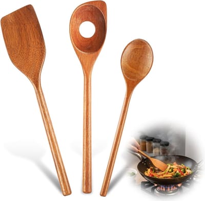 Houten Kooklepel Set met Spatel, Ideaal voor Roeren, Scheppen en Zeven, 25-30 cm, Keukenaccessoire voor Koken en Bakken