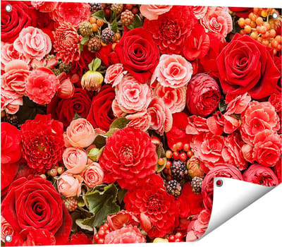 Gards Tuinposter Rode en Roze Bloemen met Fruit - Abstract - 80x60 cm - Tuindoek - Tuindecoratie - Wanddecoratie buiten - Tuinschilderij