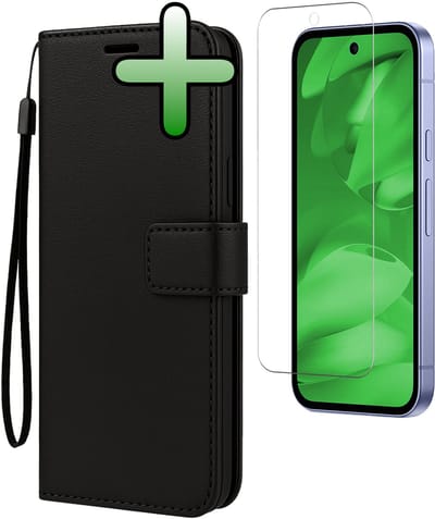 Hoesje Met Screenprotector - Geschikt voor Google Pixel 9a - Luxe Pasjeshouder - Bookcase Portemonee - Flip Case - Kunstleer Book Case - Flipcase - Book Cover - Walletcase - Portemonneehoes - Zwart