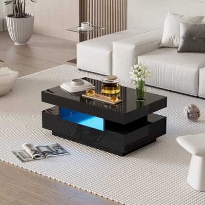 STILVORA Salontafel - Hoogglans Koffietafel Met LED En Opberglades - 3 Open Vakken En 4 Lades - 80x50x36 cm Voor Woonkamer - Spaanplaat - Zwart