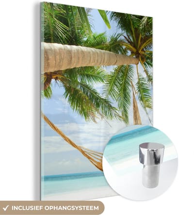 MuchoWow® Glasschilderij 120x160 cm - Schilderij acrylglas - Palmbomen - Hangmat - Zomer - Zee - Foto op glas - Schilderijen