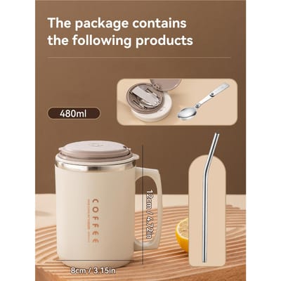 WORTHBUY 480ML Tasses à Café avec Paille et Cuillère Acier Inoxydable 304 Réutilisable Portable Étanche Tasse à Boire pour Café Lait 480ml beige