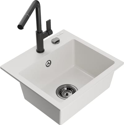 Mexen Milo granieten spoelbak 1-komerig met keukenkraan Flora, wit - 6505-20-670401-70-B
