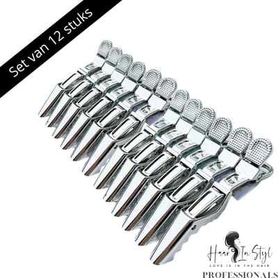 Haar in Stijl® 12 Metallic Zilver Lange Krokodillen Haarklem - Kapper Verdeelklem