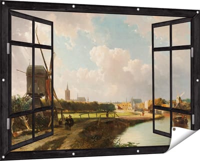 Gards Tuinposter Doorkijk Gezicht op Den Haag vanaf de Delftse Vaart in de Zeventiende Eeuw - Cornelis Springer - 150x100 cm - Tuindoek - Tuindecoratie - Wanddecoratie buiten - Tuinschilderij