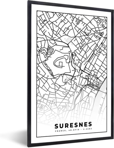Fotolijst incl. Poster Zwart Wit- Kaart - Stadskaart - Suresnes - Frankrijk - Plattegrond - Zwart wit - 40x60 cm - Posterlijst