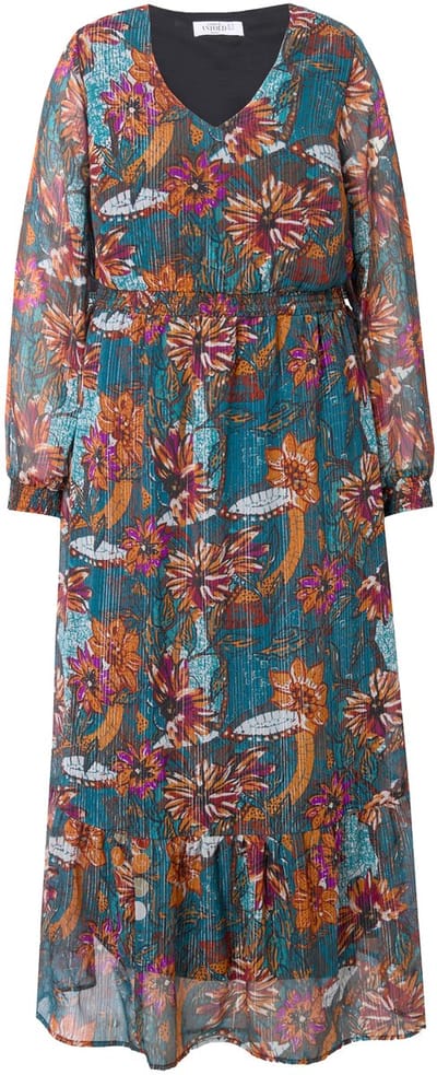 Studio Untold - Dames - Maxi-jurk A-lijn bloemenprint wikkellook - Petrol - Maat 42+