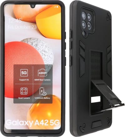 Hoesje met Magnetic Stand Hard Case Geschikt voor de Samsung Galaxy A42 5G - Stand Shockproof Telefoonhoesje - Grip Stand Back Cover - Zwart