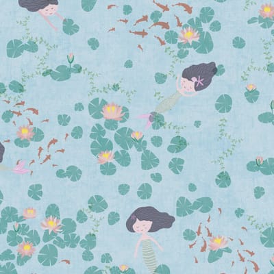Kinderbehang Profhome 771461-GU vliesbehang glad met lotusbloemen mat blauw pastelturquoise groen bruinbeige 5,33 m2
